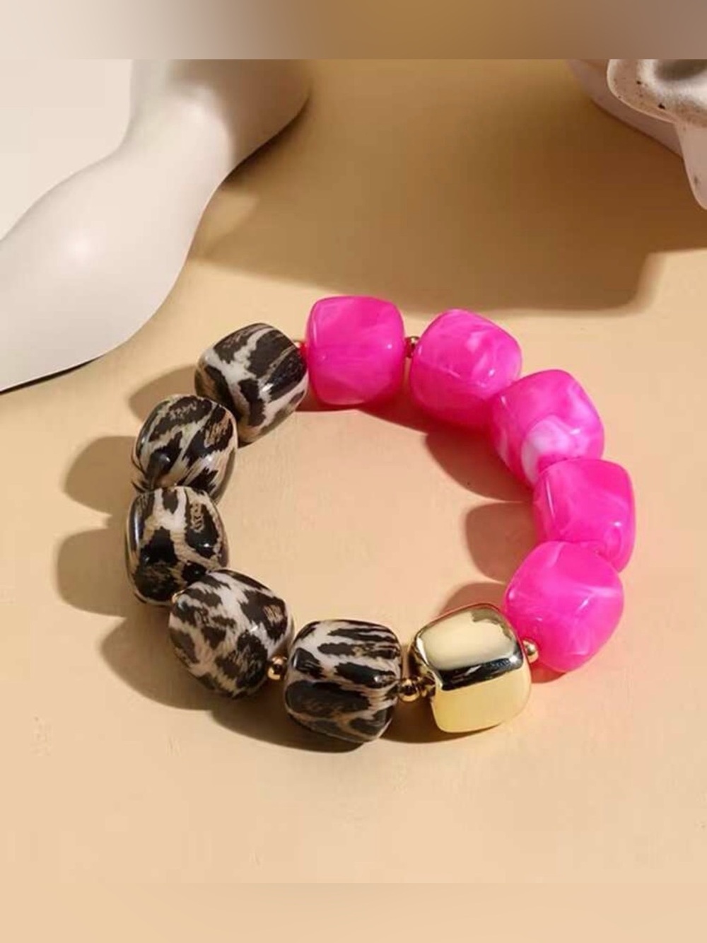 Western Bracelet Bold Pink & Leopard Bead Stretch Bracelet by